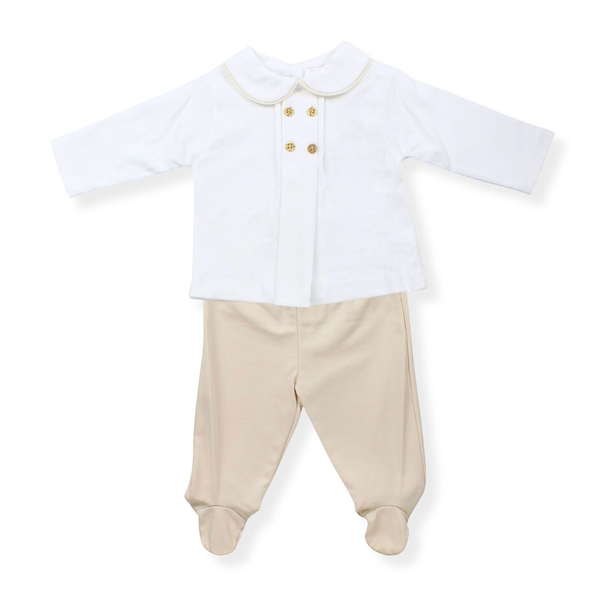 Baby outfit with white shirt and beige pants on a white background