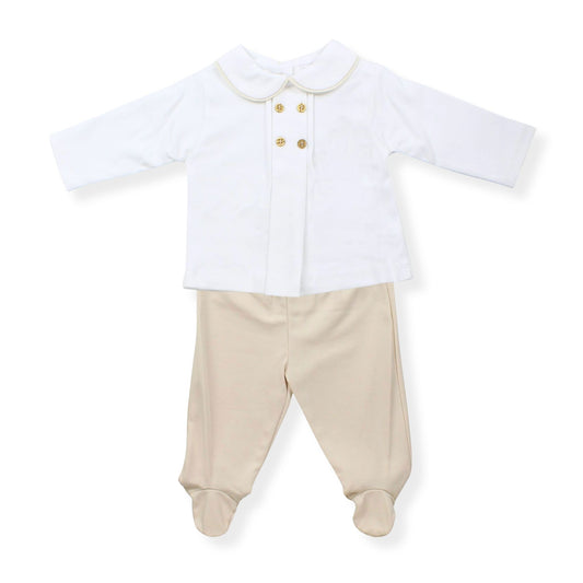 Baby outfit with white shirt and beige pants on a white background