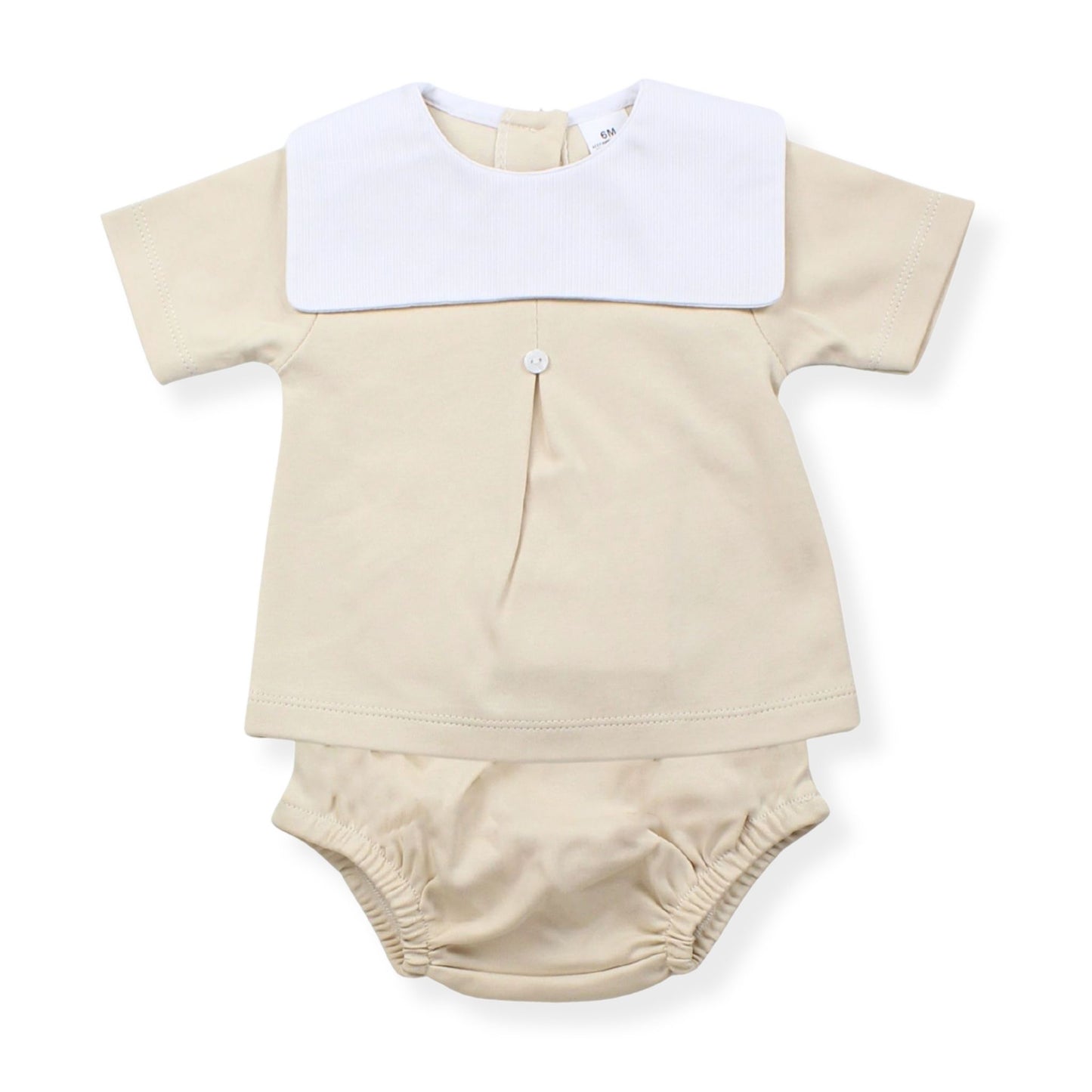Beige baby outfit with white collar on a white background