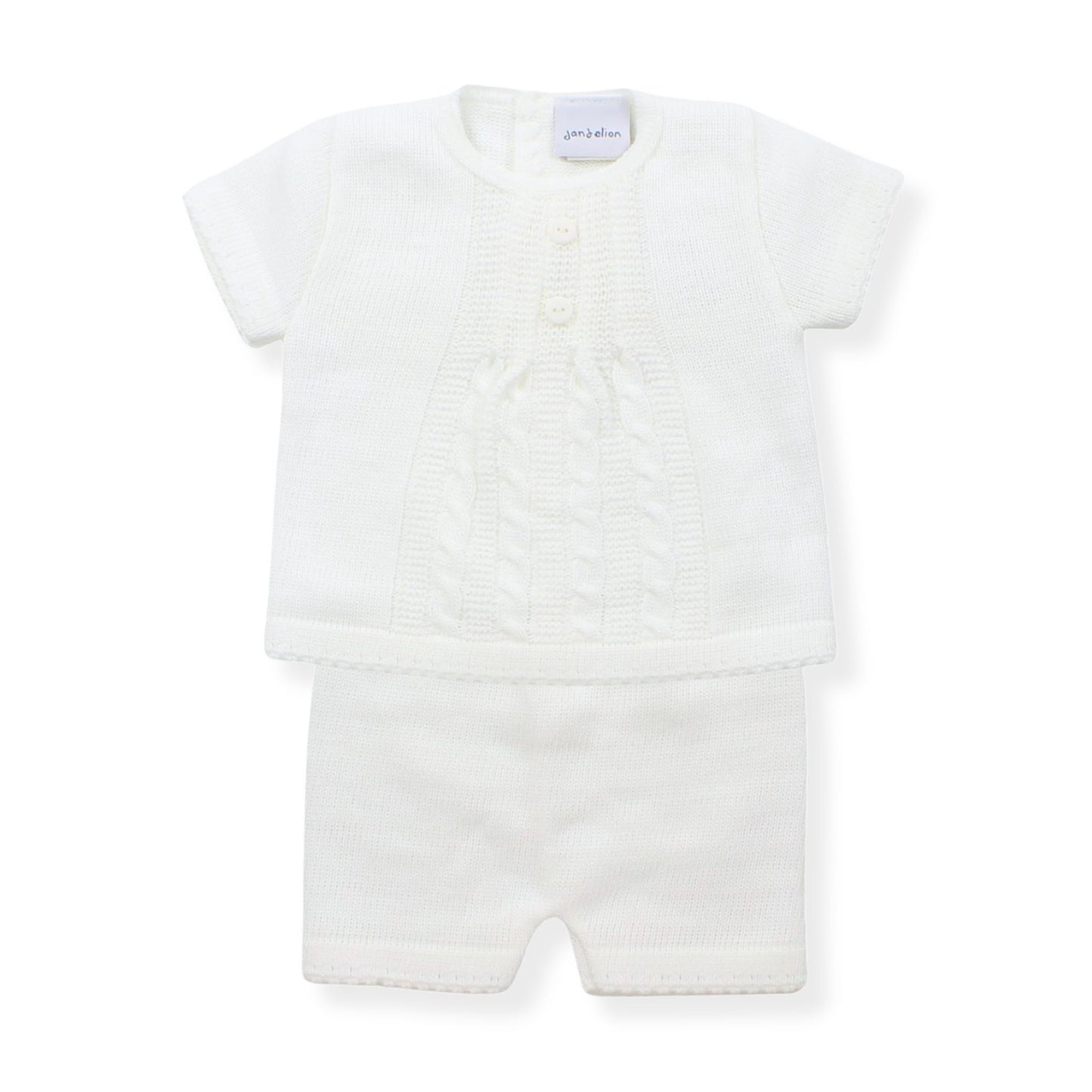 whit 2 piece knitted baby outfit with knitted shorts and top