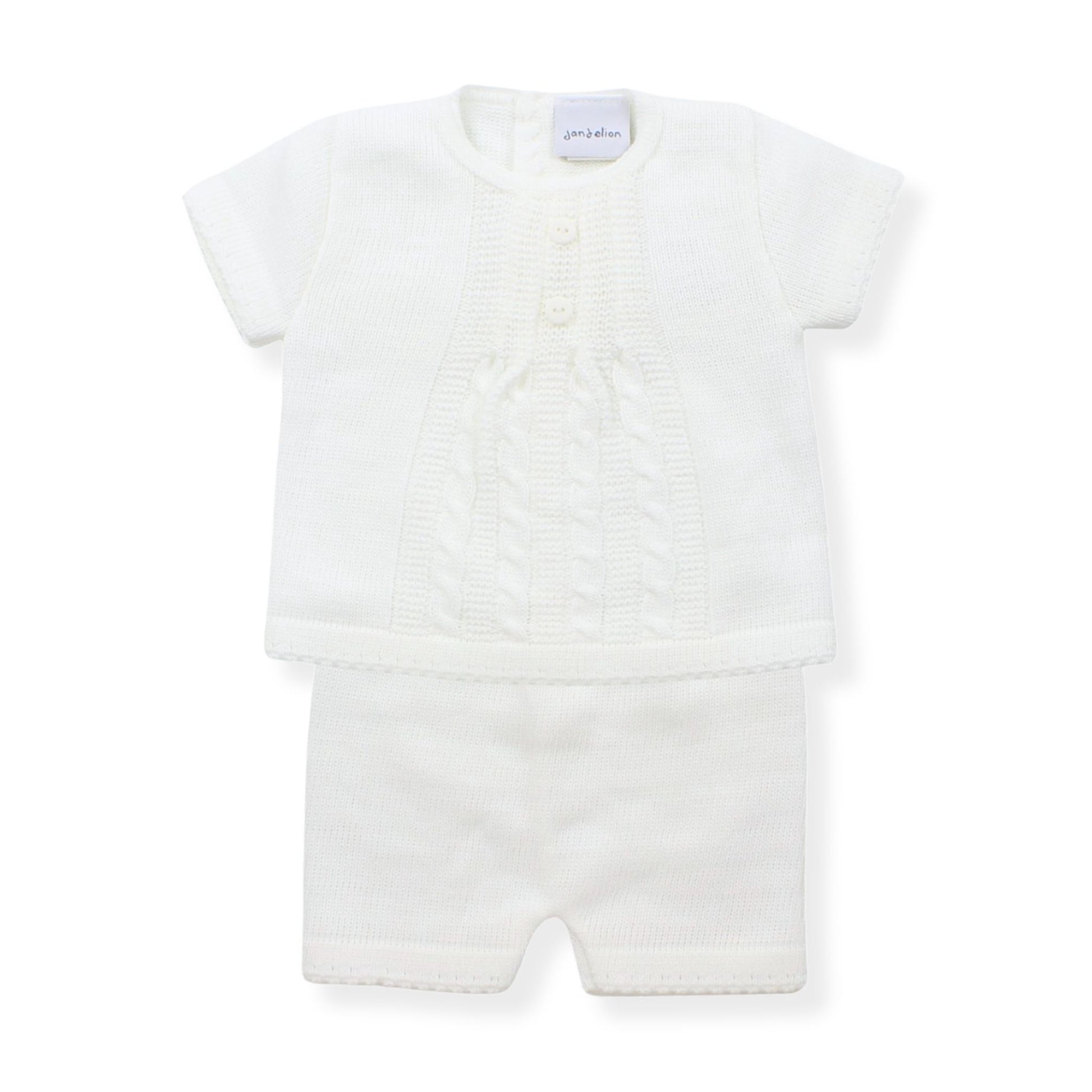 whit 2 piece knitted baby outfit with knitted shorts and top