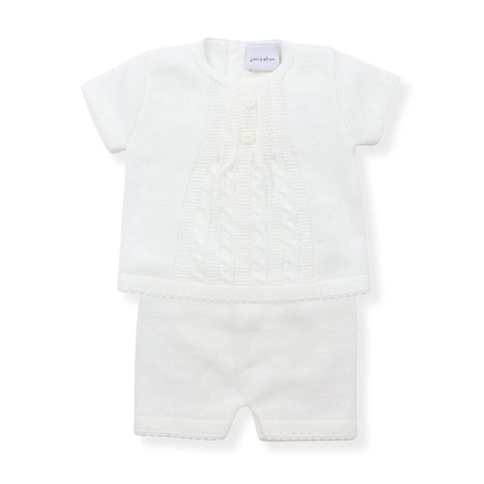 whit 2 piece knitted baby outfit with knitted shorts and top