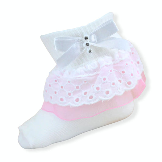 Baby Girl Ankle Lace Bow Socks - White/Pink - Pex Jane