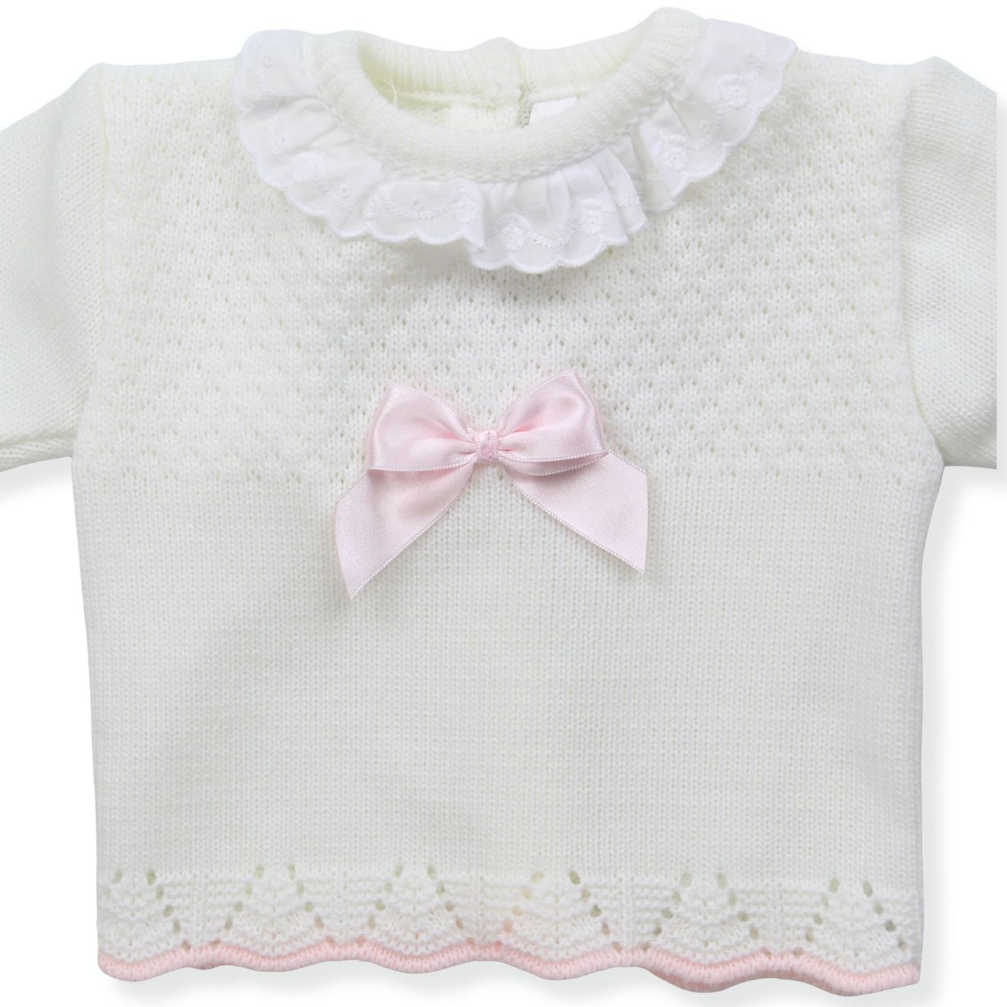 Newborn Baby Knitted Outfit with Bonnet – Pink Bow (0–3 Months) Made in Portugal