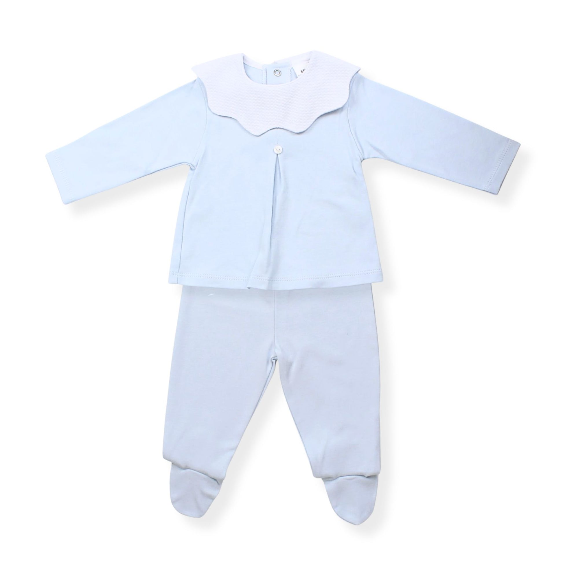 Light blue baby outfit with a top and pants on a white background