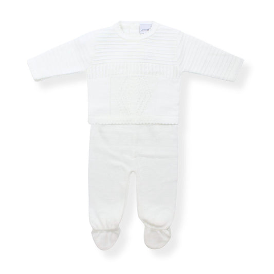 2 piece baby boy knitted outfit in white by Dandelion