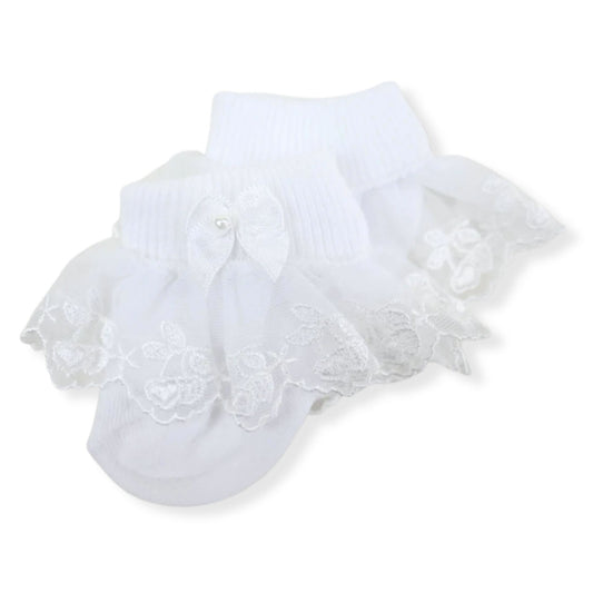 White baby socks with lace details on a white background