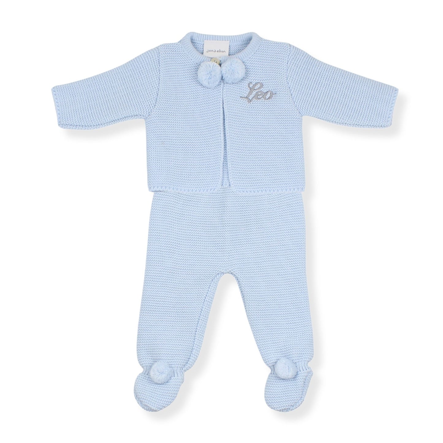 Personalised Blue baby outfit with name embroidery on a white background