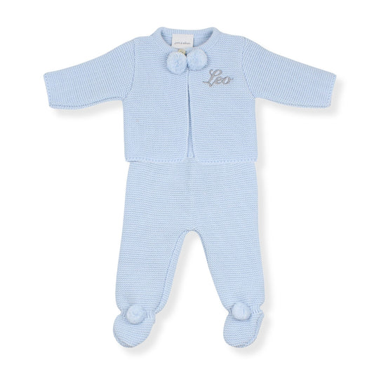 Personalised Blue baby outfit with name embroidery on a white background
