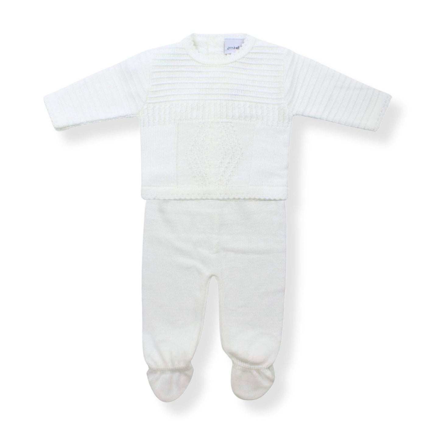 2 piece baby boy knitted outfit in white by Dandeliion