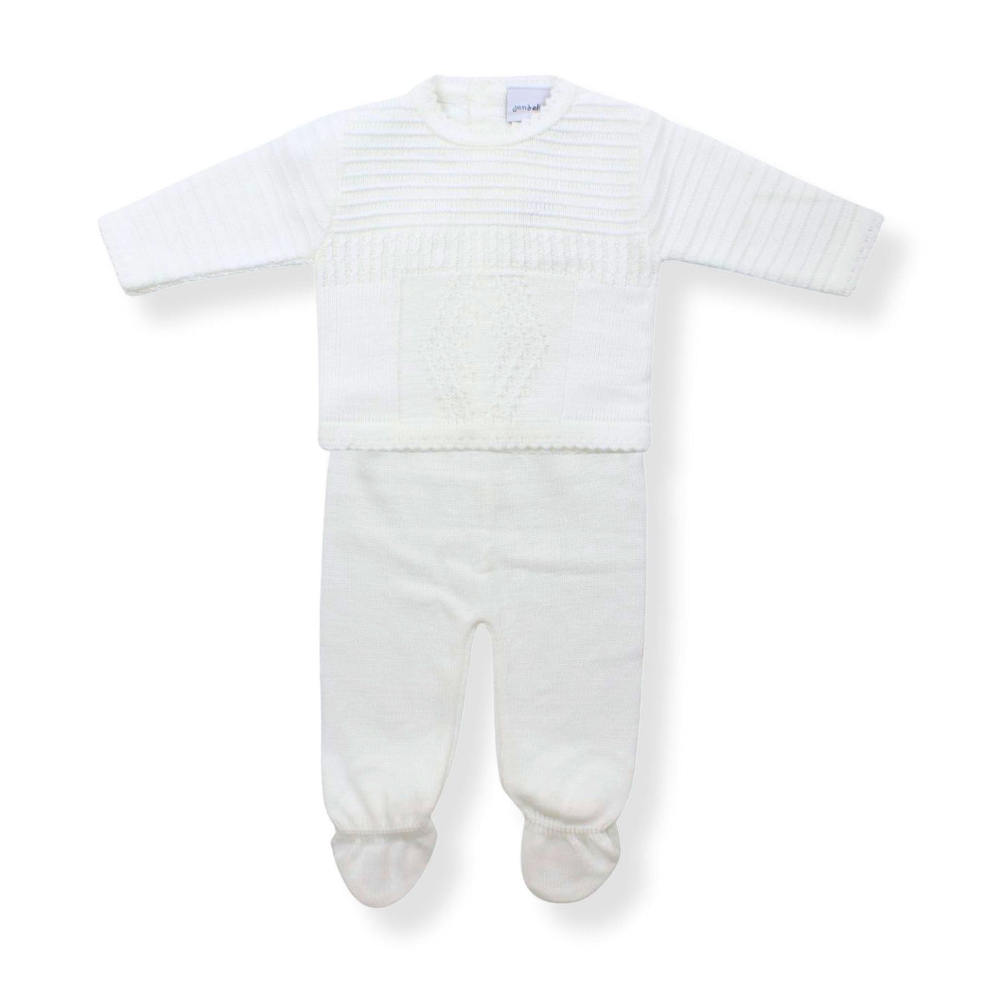 2 piece baby boy knitted outfit in white by Dandeliion