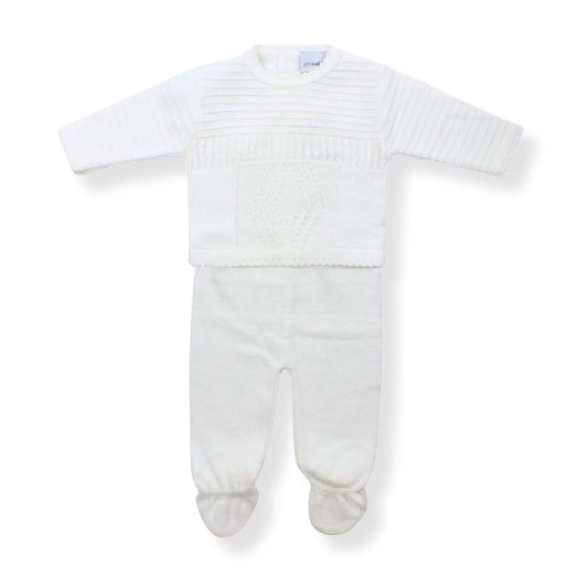 2 piece baby boy knitted outfit in white by Dandeliion