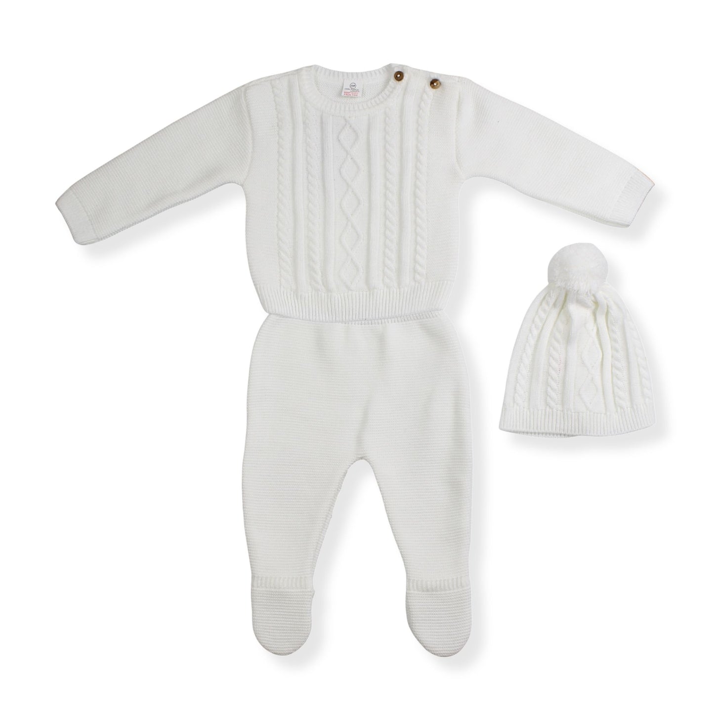 White baby knitted outfit with hat on a white background