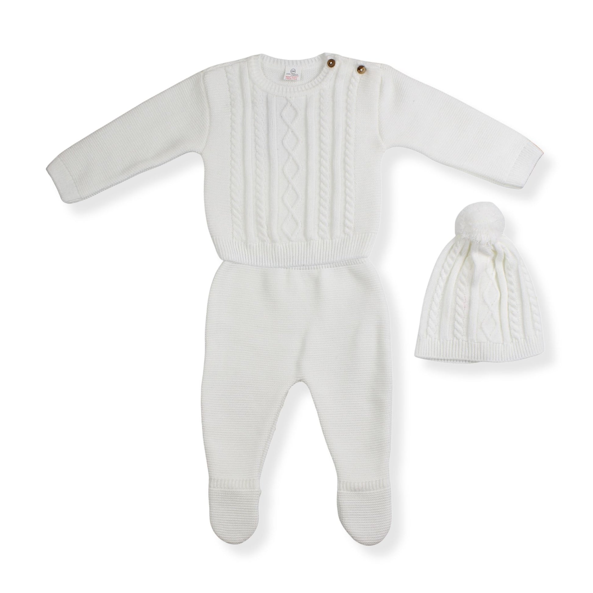 White baby knitted outfit with hat on a white background