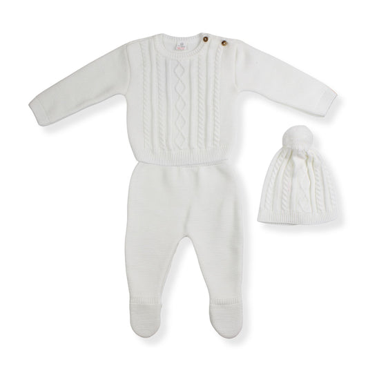 White baby knitted outfit with hat on a white background