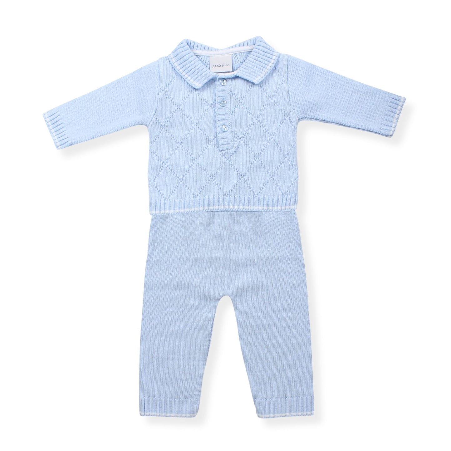 Light blue knitted baby outfit on a white background