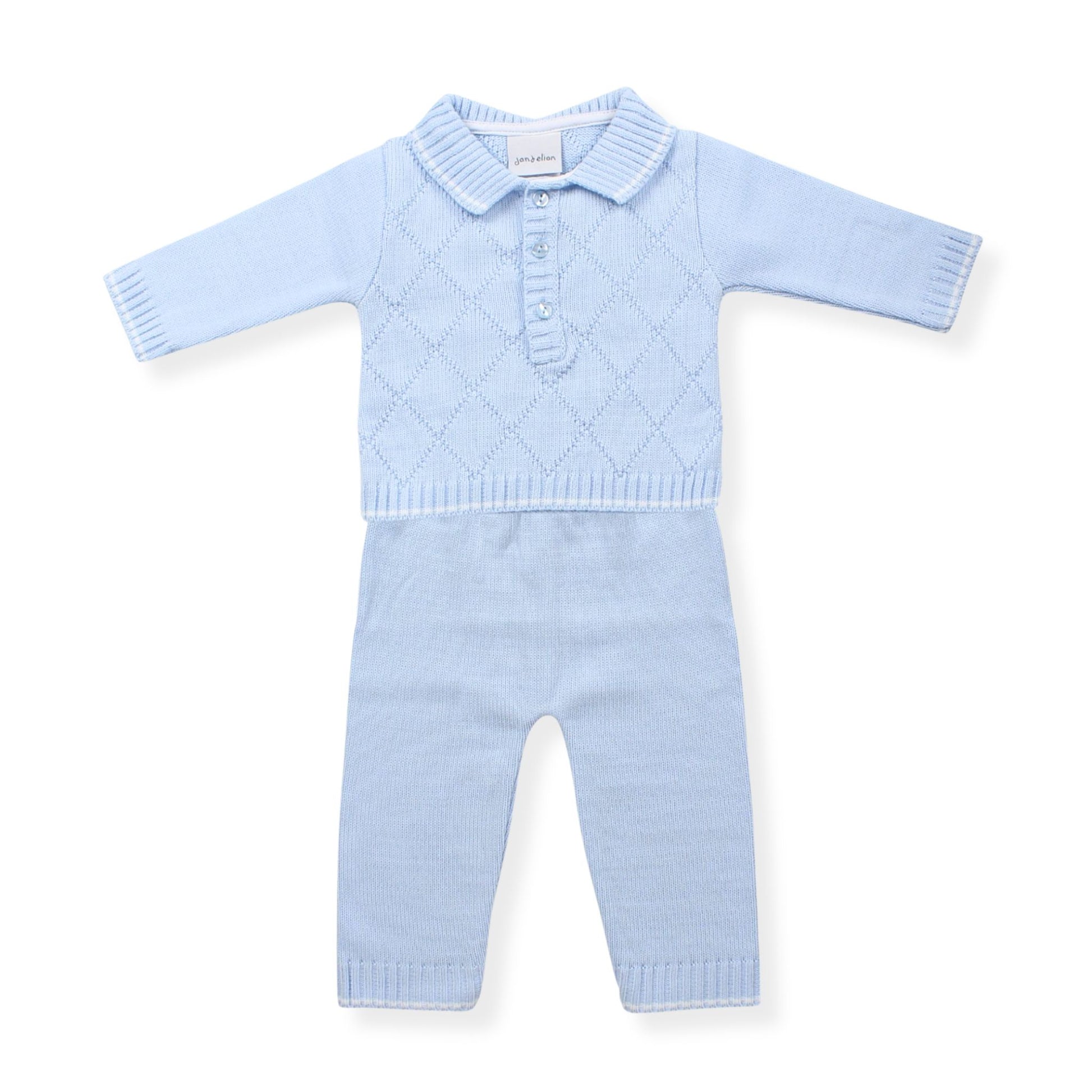 Light blue knitted baby outfit on a white background