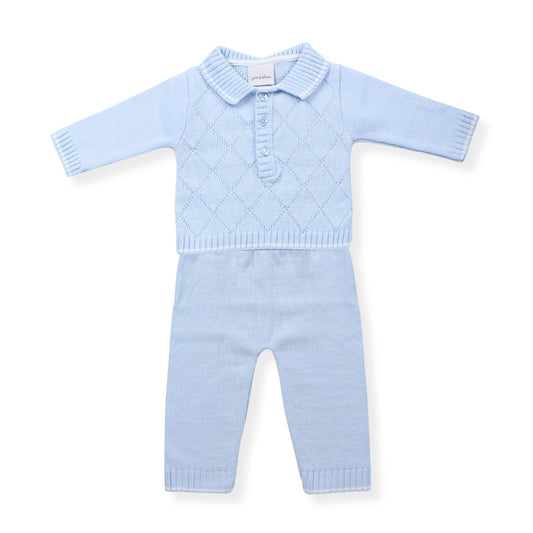 Light blue knitted baby outfit on a white background