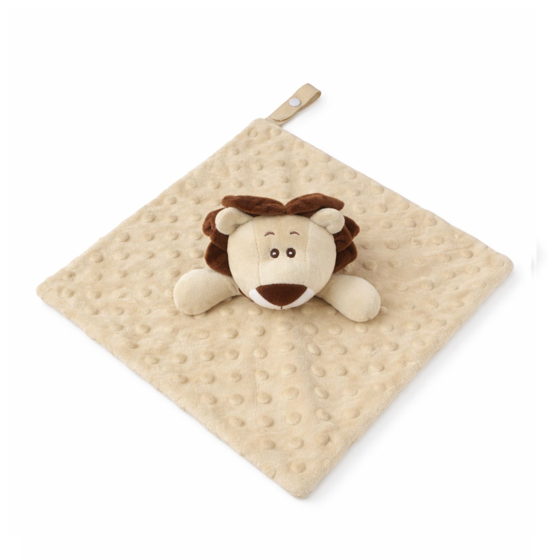 Baby comfort blanket with lion plush toy on a white background