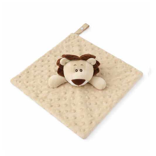 Baby comfort blanket with lion plush toy on a white background