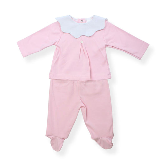 Pink baby outfit with white collar on a white background