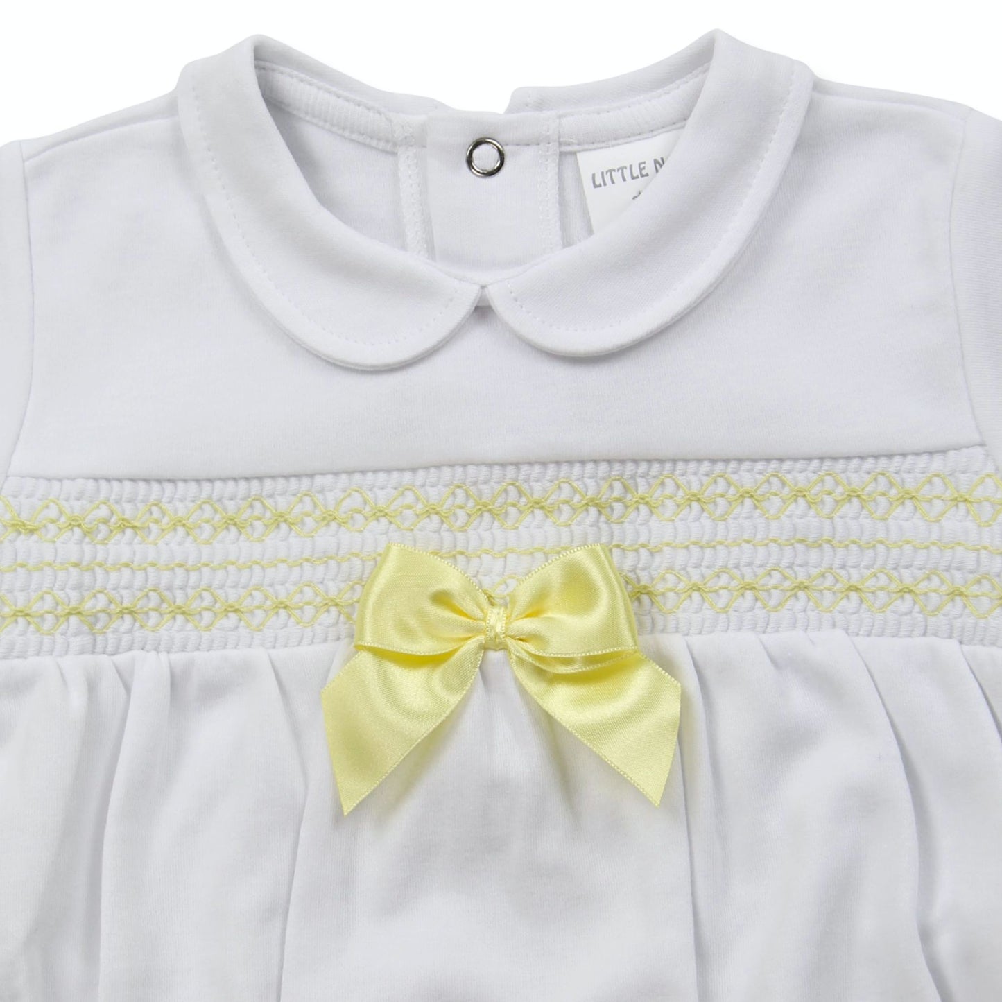 Little Nosh White Smocked Baby Girls Romper with Yellow Bow
