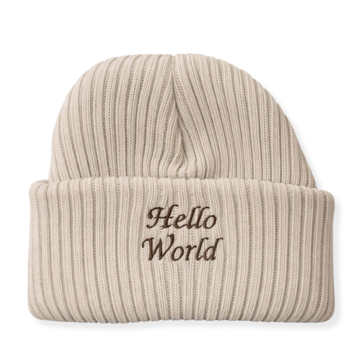 Beige beanie with 'Hello World' embroidery on a white background
