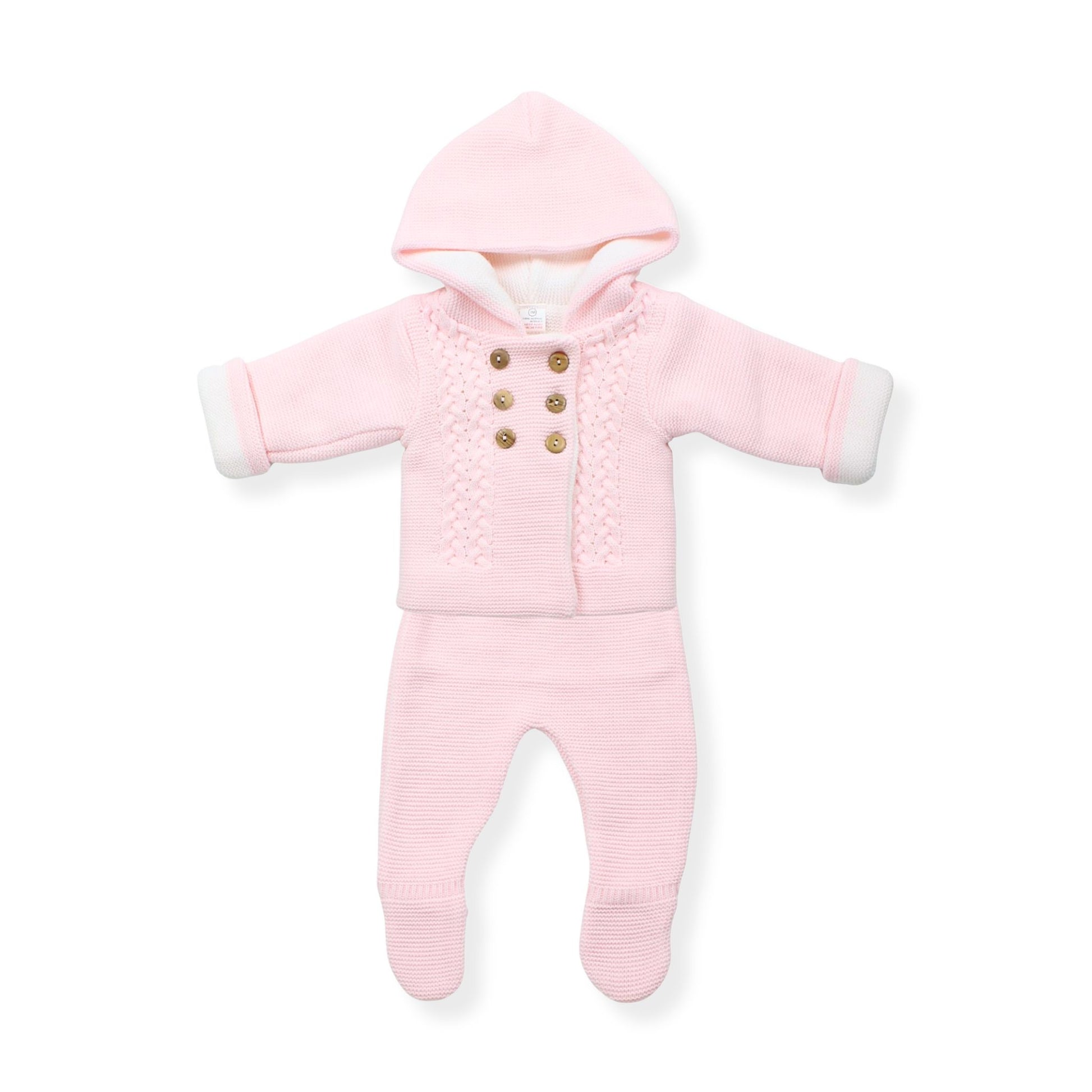 Pink baby snowsuit with a hood on a white background