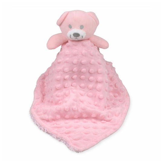 Pink teddy bear-shaped comfort blanket on a white background
