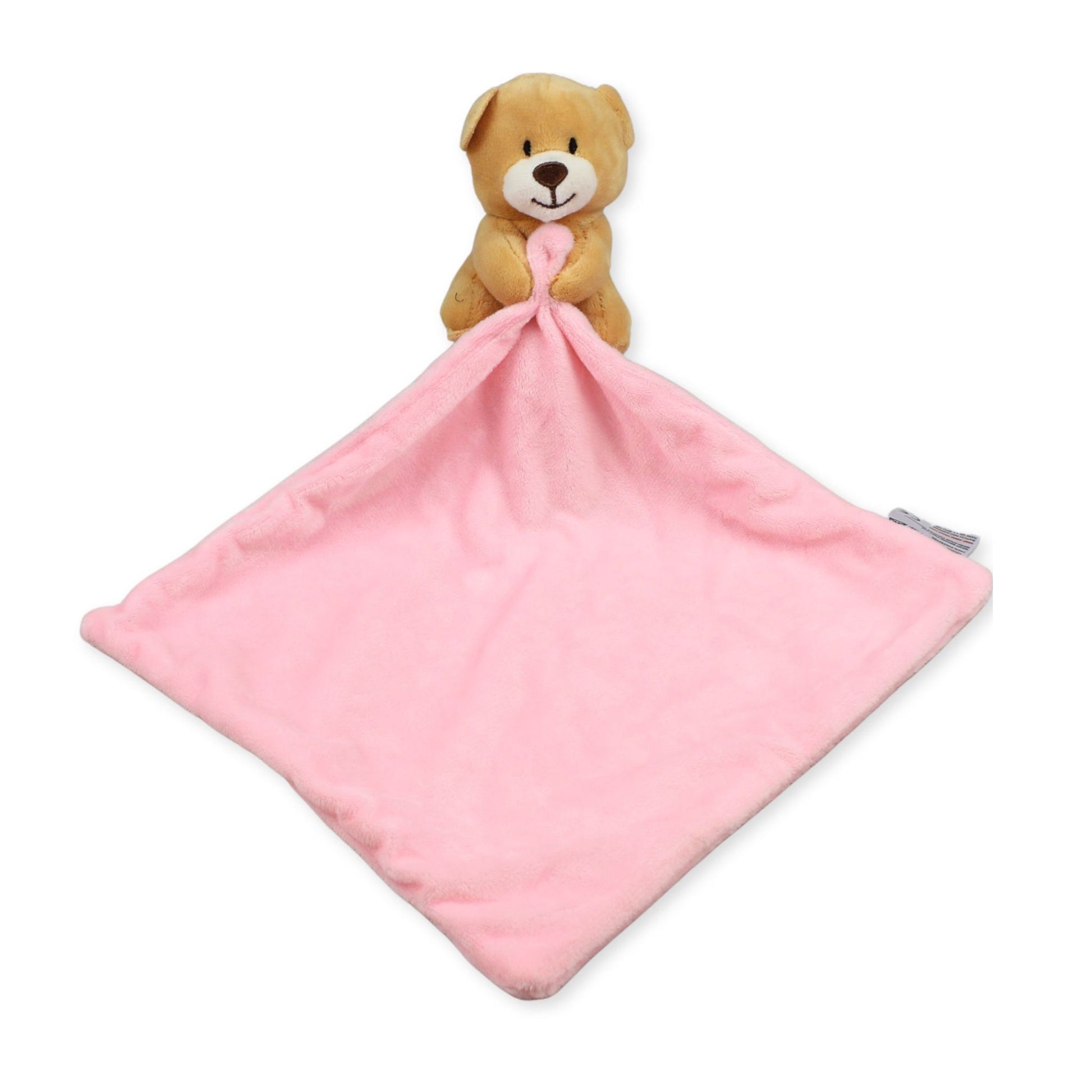 Pink security blanket with a teddy bear on a white background