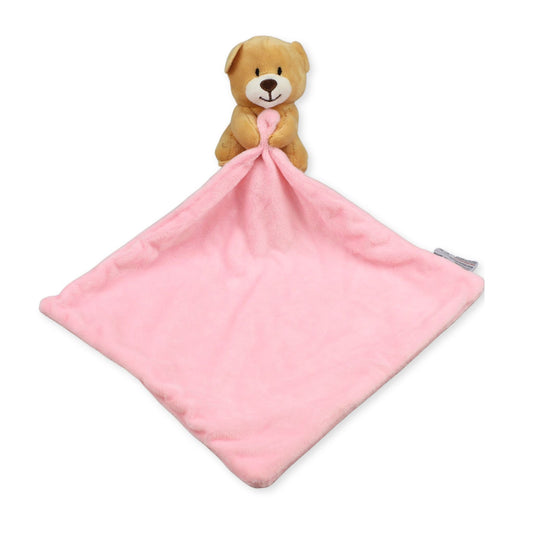 Pink security blanket with a teddy bear on a white background