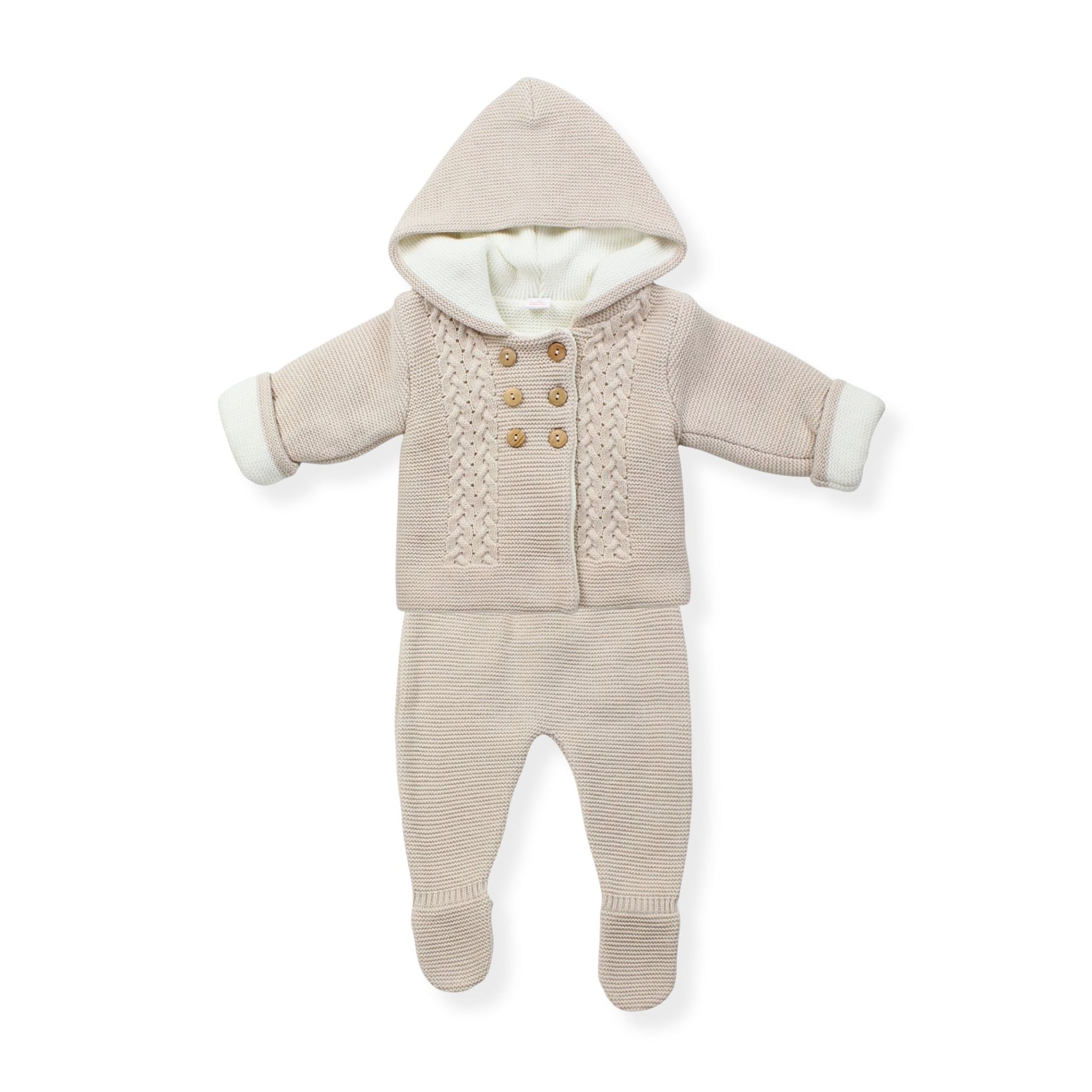 Beige baby snowsuit with a hood on a white background