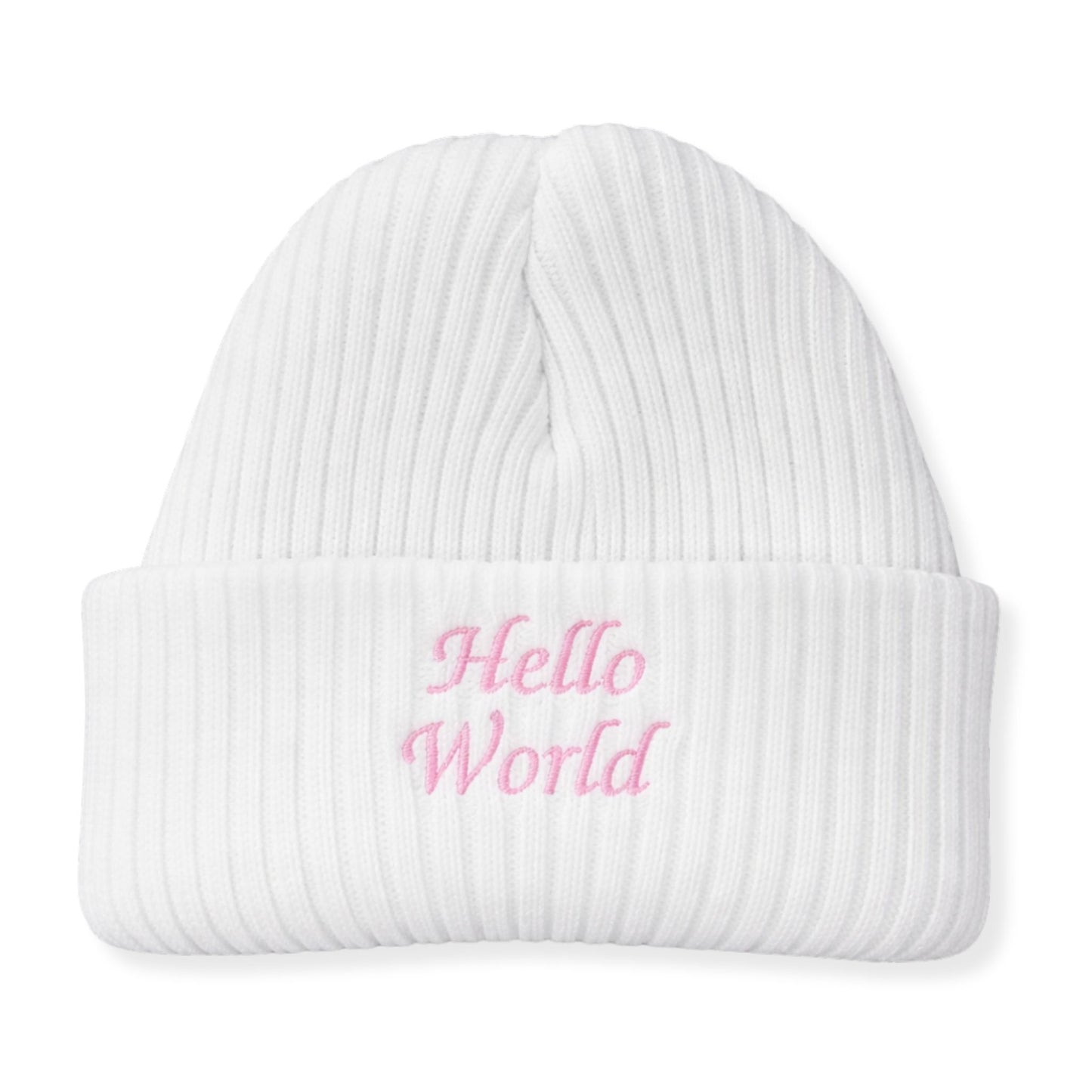 White beanie with 'Hello World' embroidered in pink on a white background