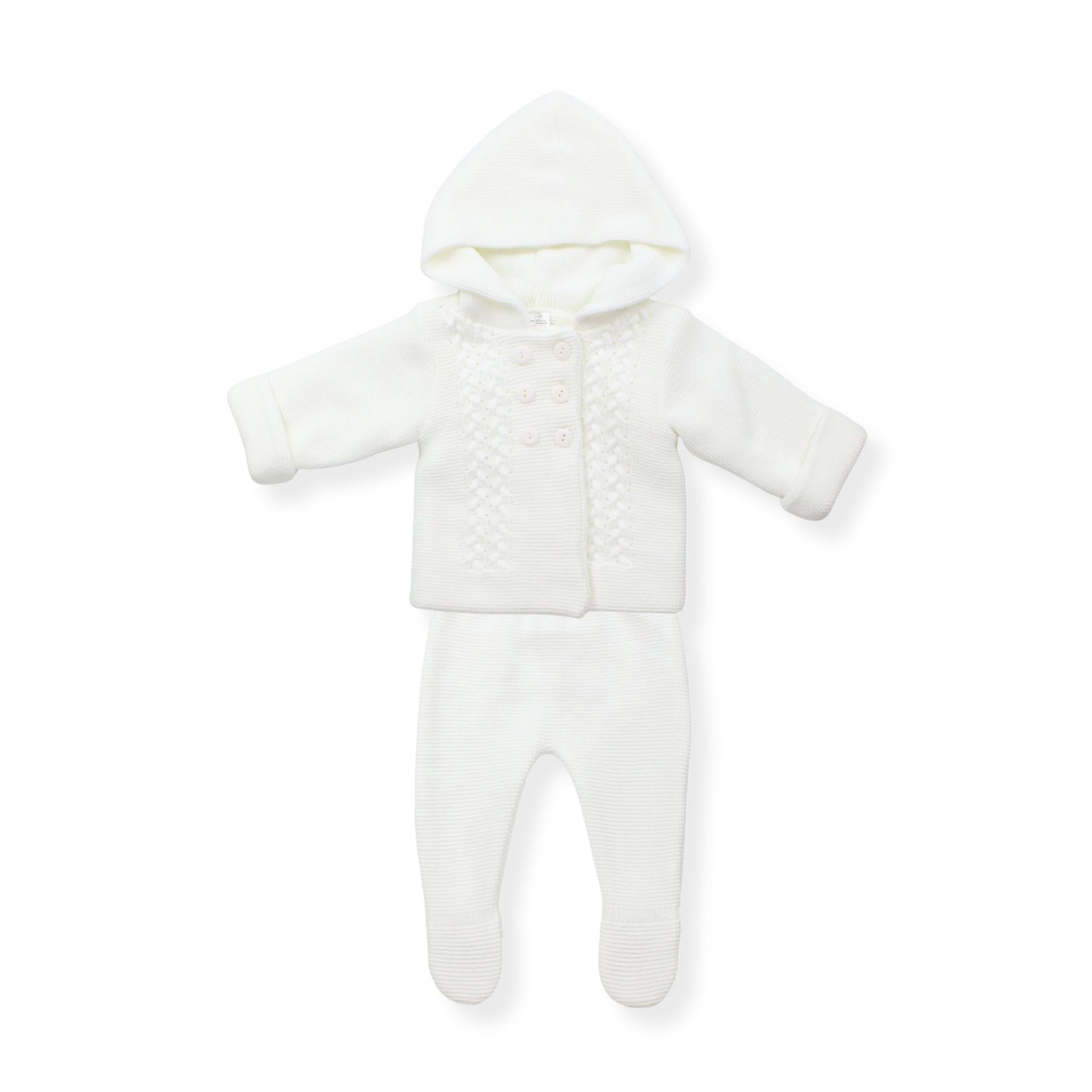 White baby snowsuit with a hood on a white background