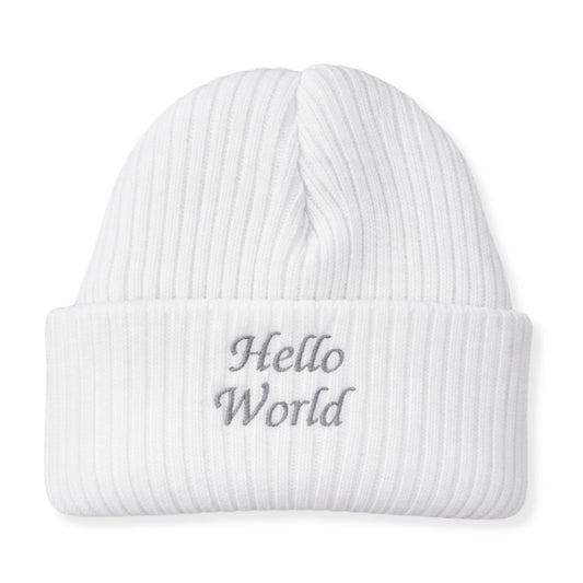 White beanie with 'Hello World' embroidery on a white background