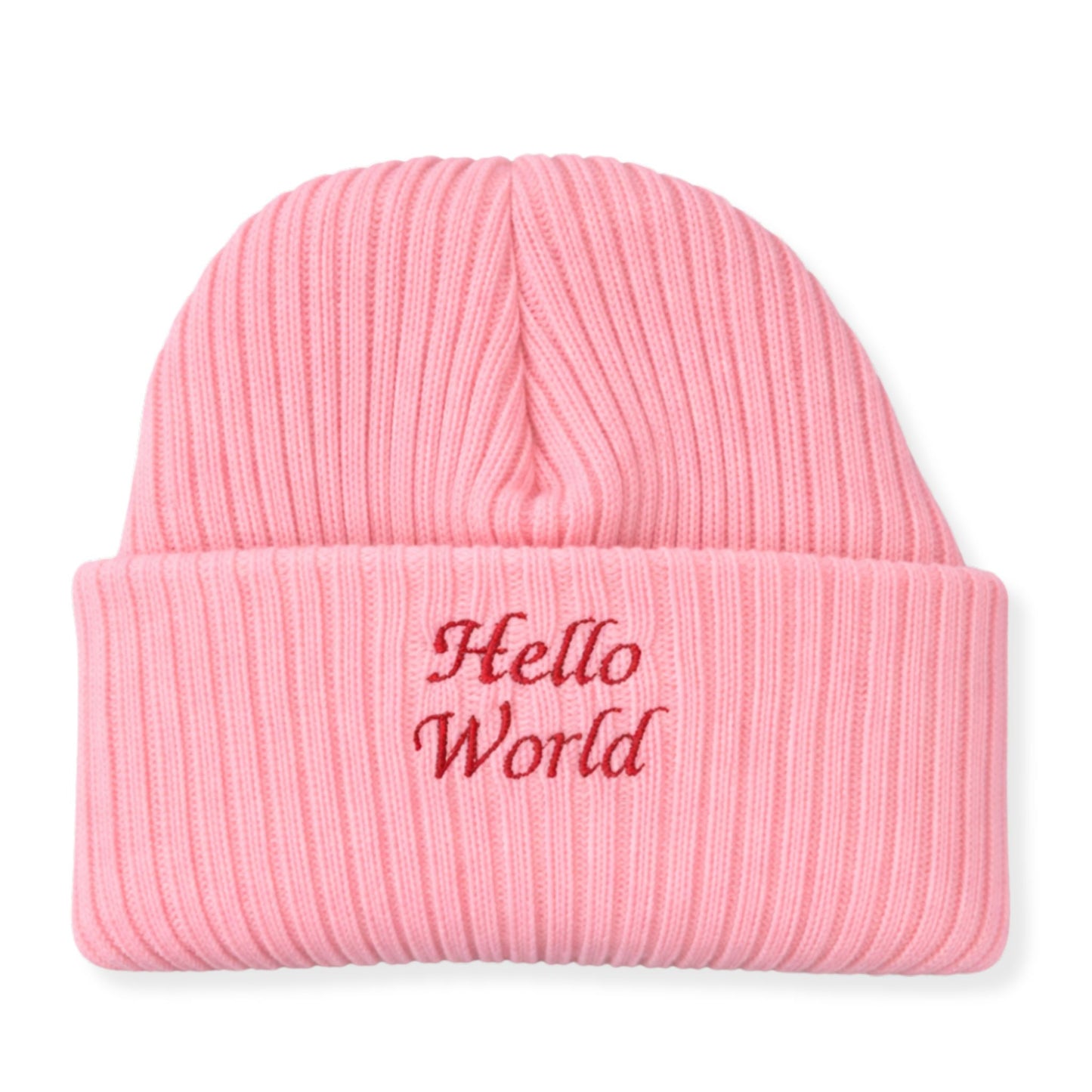 Pink beanie with 'Hello World' embroidery on a white background