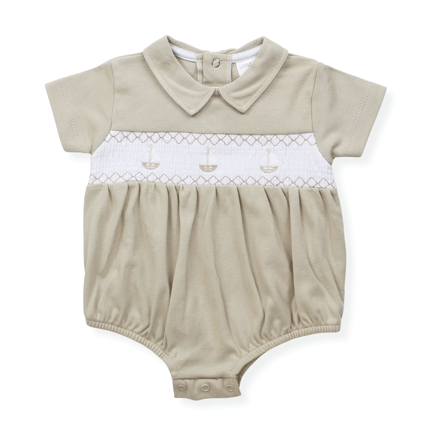 Little Nosh Beige Smocked Baby Romper with Embroidered Boat Detail