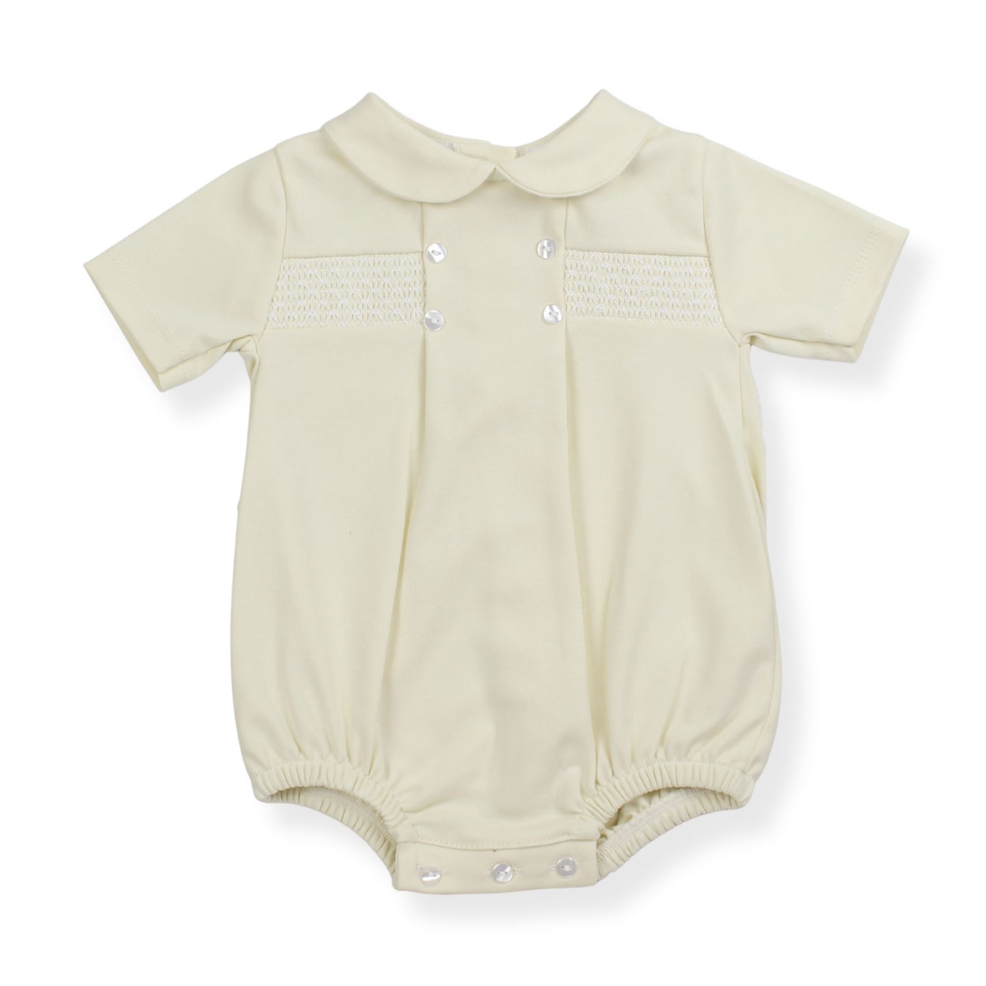 Lemon baby romper with a collar on a white background