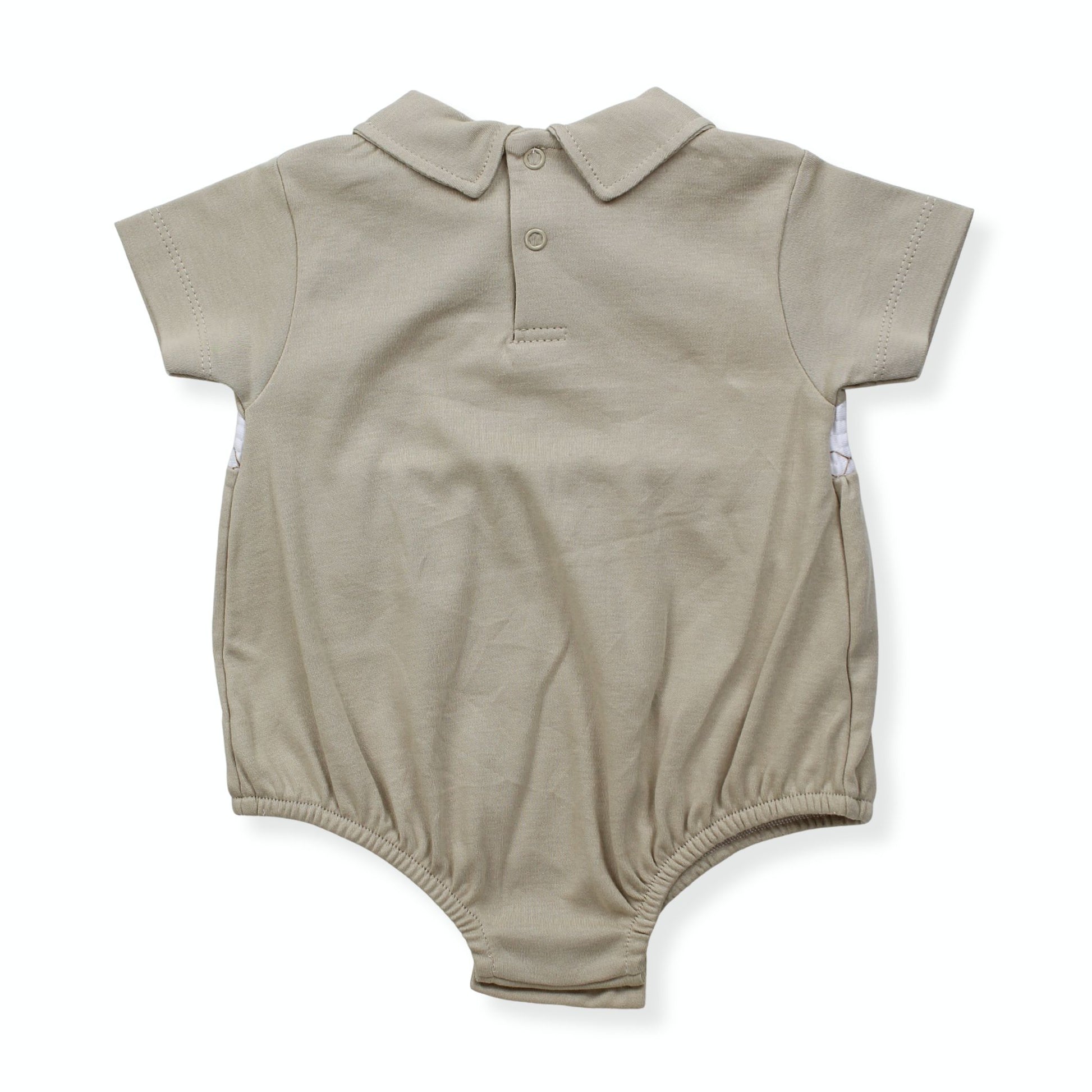 Beige baby romper with collar on a white background