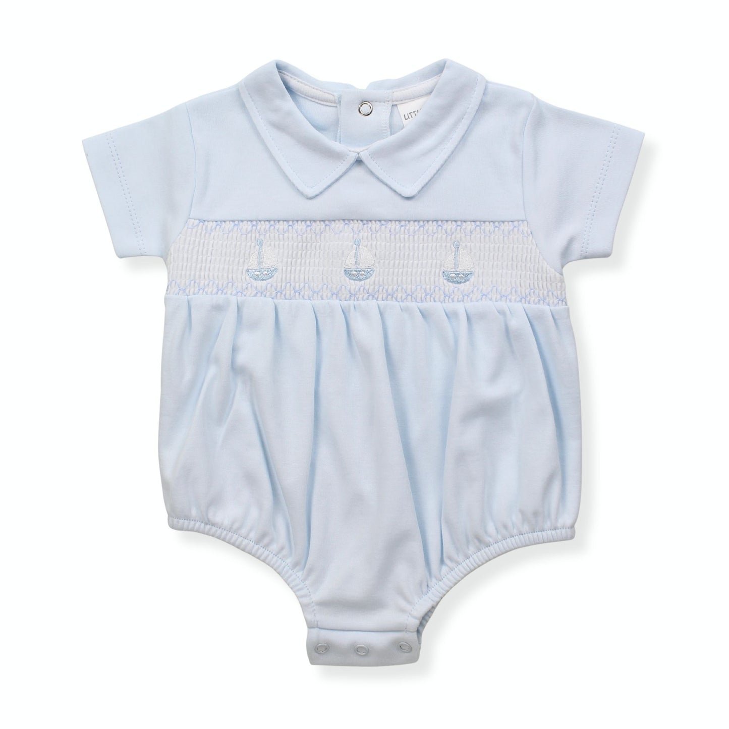 Light blue baby romper with smocked design on a white background