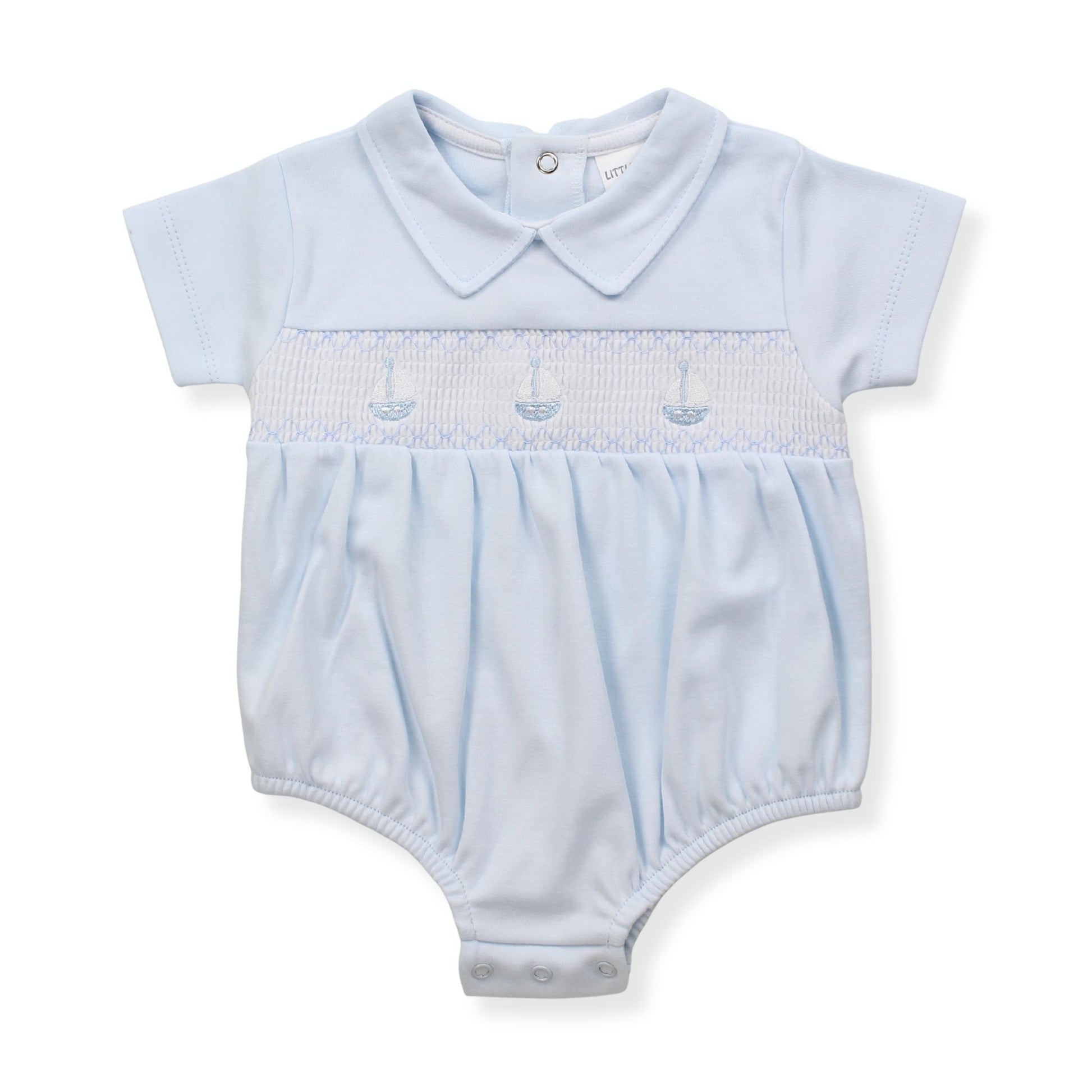 Light blue baby romper with smocked design on a white background