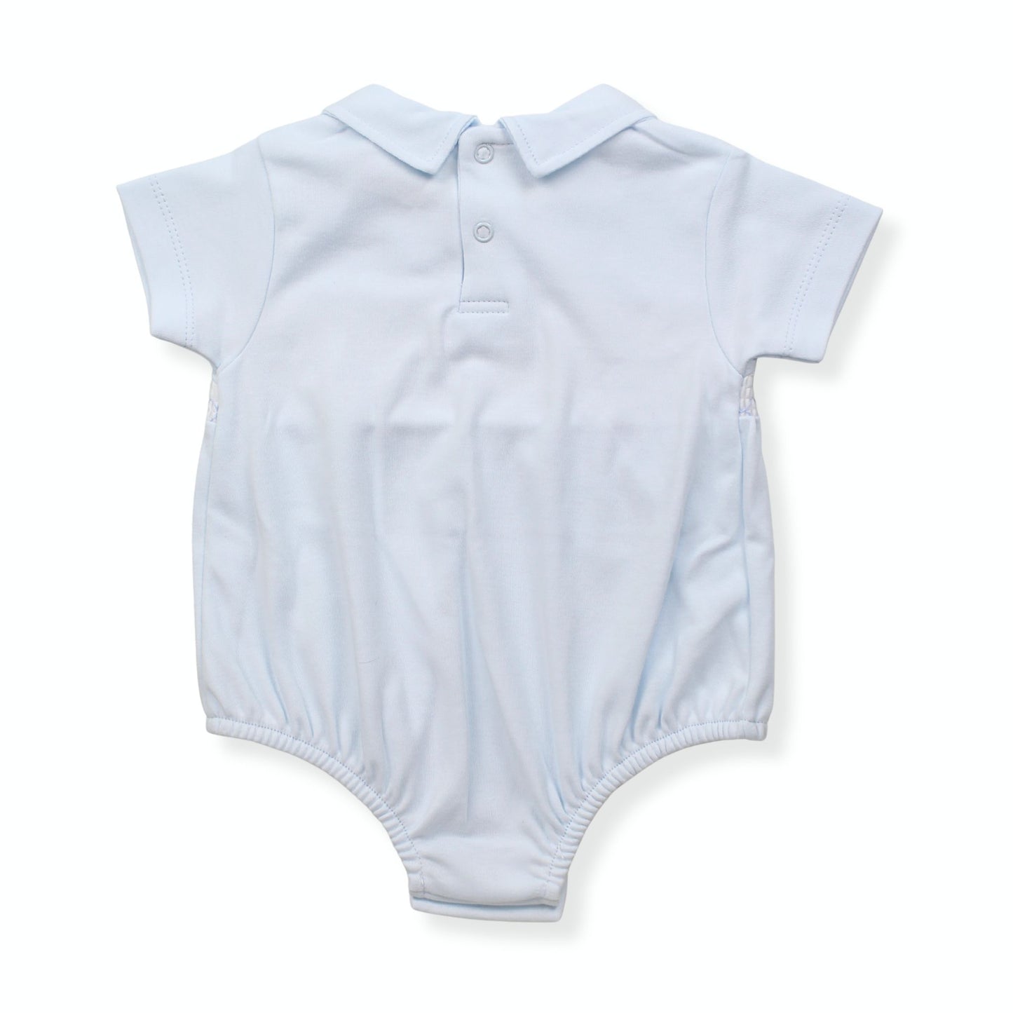 Light blue baby romper with collar on a white background