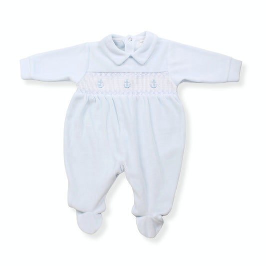Light blue baby romper with embroidered details on a white background