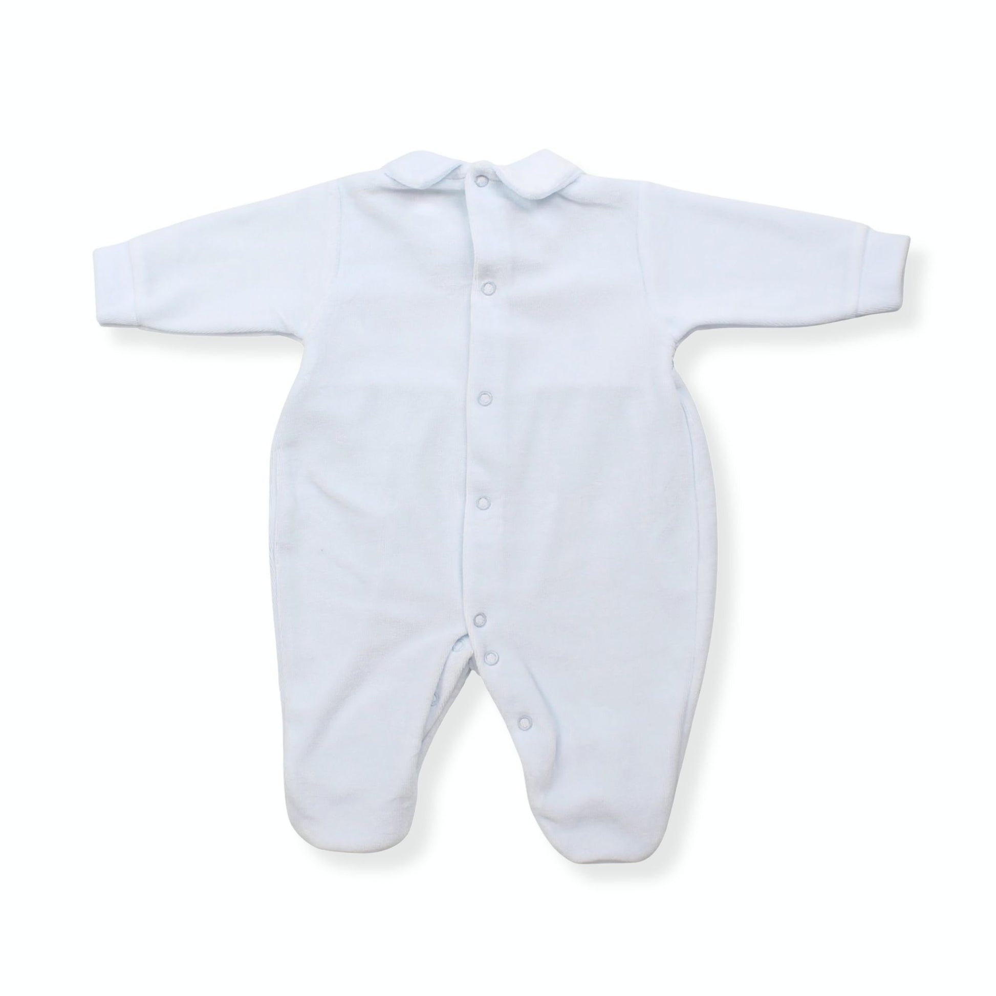 Blue baby onesie on a white background