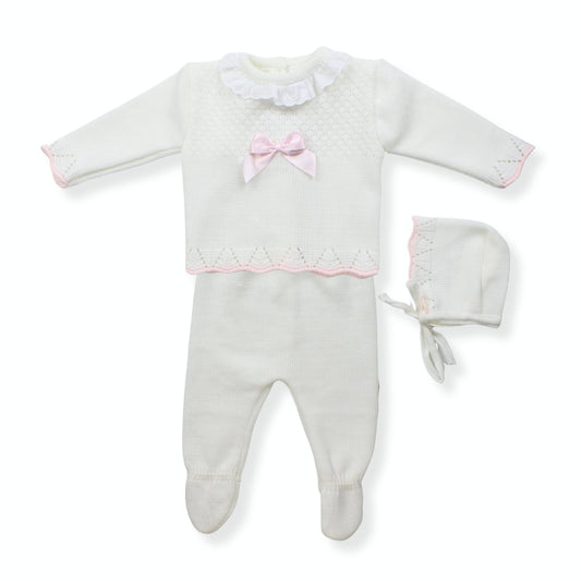 Baby outfit with white 2 peice set and matching hat on a white background 