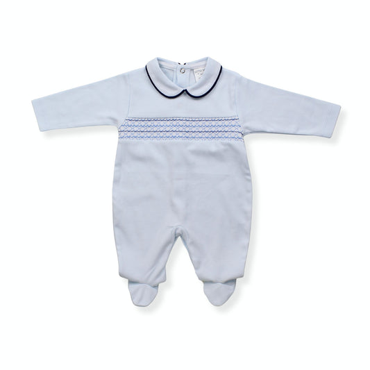 Light blue baby romper with smocked details on a white background