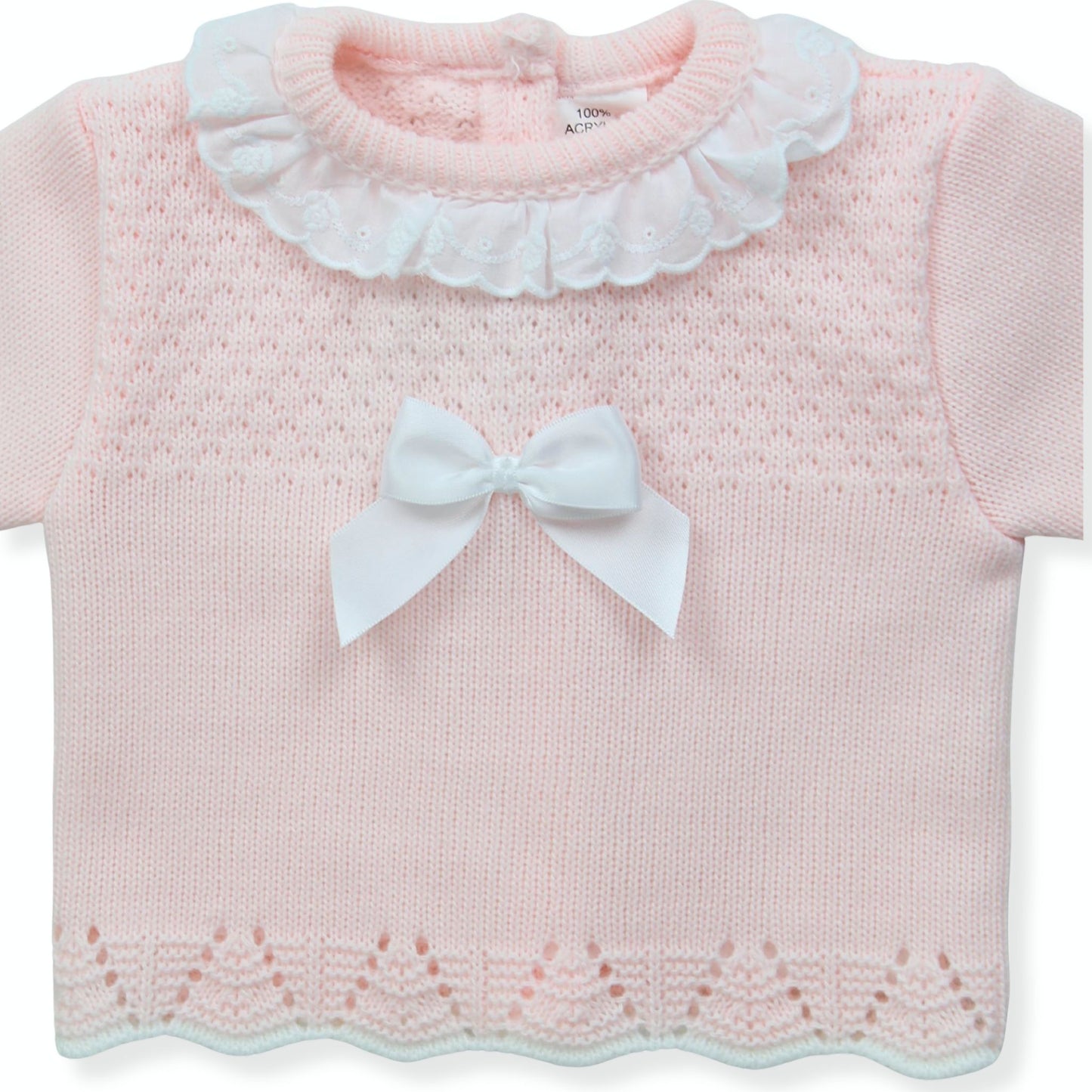 Newborn Baby Knitted Outfit with Bonnet – Soft Pink (0–3 Months) Made in Portugal