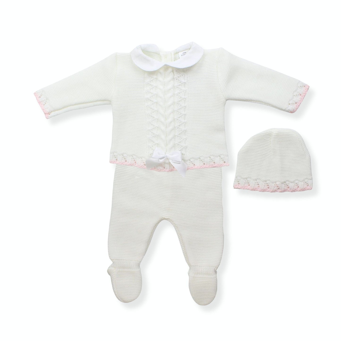 Baby outfit with white sweater, pants, and hat on a white background