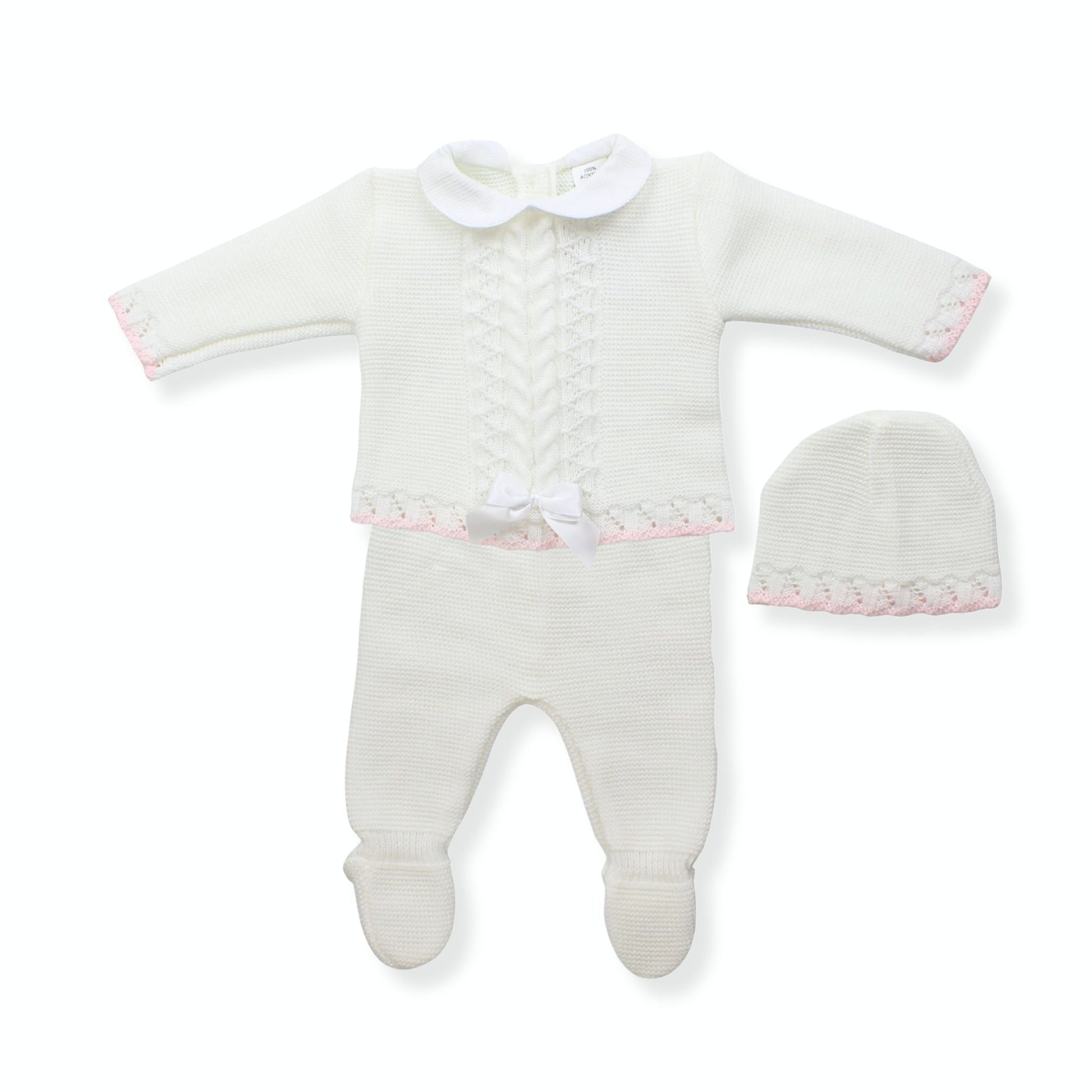 Baby outfit with white sweater, pants, and hat on a white background