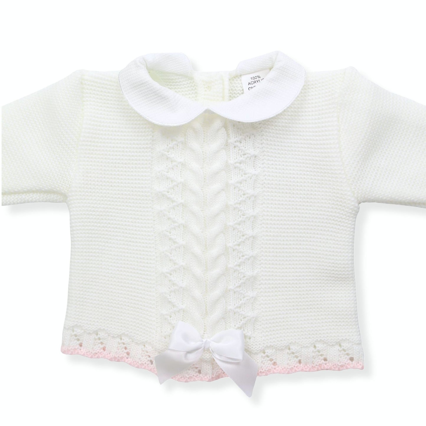 Newborn Baby Knitted Outfit with Hat – White Cable Knit (0–3 Months) Made in Portugal